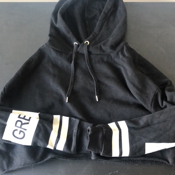 Divided Cropped Hoodie Black w Graphic Sleeves - Picture 2 of 2